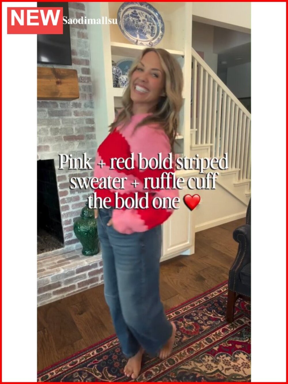 Striped Color Block Ruffle Sleeve Pullover Sweater Womens Loose Ribbed Knit - Picture 6 of 6